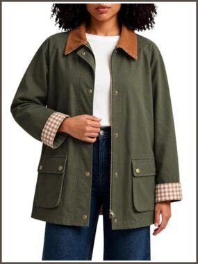 100% Cotton Barn Jacket Corduroy Collar Utility Coat Casual Outerwear
